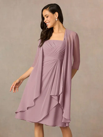 サーモンピンクマザードレス スクエアネック ハーフスリーブ ツーピース プリーツ ゲストドレス 結婚式用