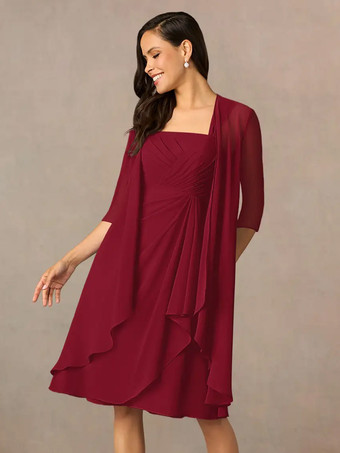 バーガンディーマザードレス スクエアネック ハーフスリーブ ツーピース プリーツ ゲストドレス 結婚式用