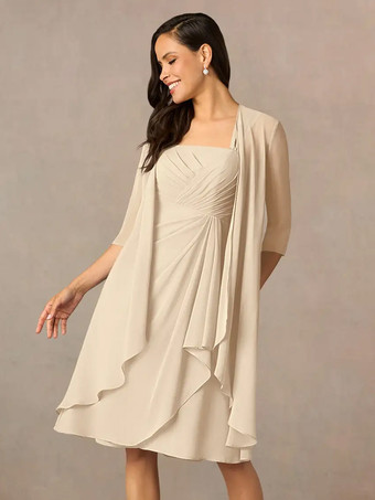 シャンパンマザードレス スクエアネック ハーフスリーブ ツーピース プリーツ ゲストドレス 結婚式用