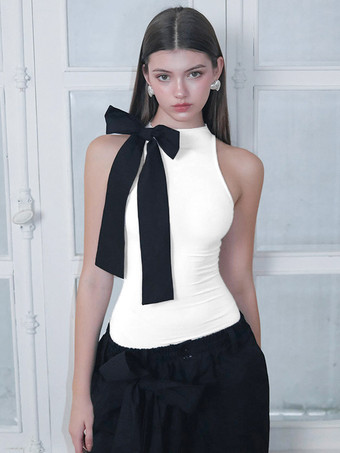 ホワイト シックなボディスーツ ノースリーブ リボン ラウンドネック ツートン レディース トップス