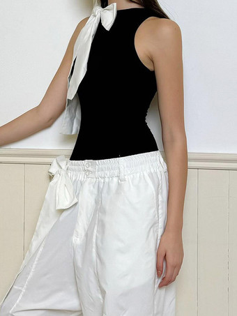 シックなボディスーツ ノースリーブ リボン ラウンドネック ツートン レディース トップス