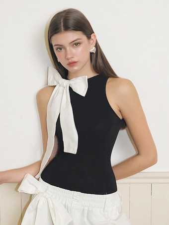 シックなボディスーツ ノースリーブ リボン ラウンドネック ツートン レディース トップス