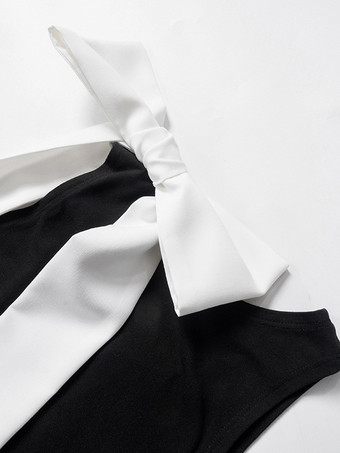 シックなボディスーツ ノースリーブ リボン ラウンドネック ツートン レディース トップス