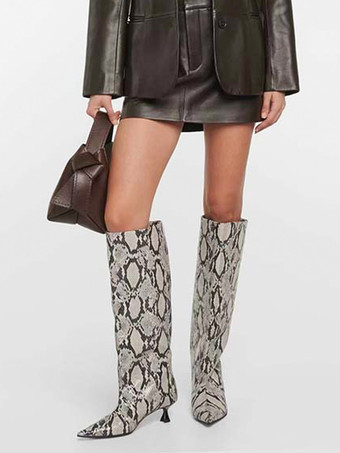 キトンヒールニーハイブーツ スネークプリント ワイドクラフブーツ レディース
