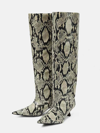 アプリコットキトンヒールニーハイブーツ スネークプリント ワイドクラフブーツ レディース
