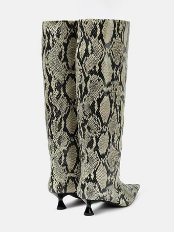 キトンヒールニーハイブーツ スネークプリント ワイドクラフブーツ レディース