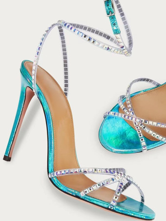 ハイヒール パーティーシューズ メタリック オープントゥ クリスクロス アンクルストラップ サンダルシューズ