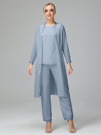 グレーブルー花嫁の母親のためのパーティードレス スクエアネック 長袖 ツーピース ウェディングゲストドレス