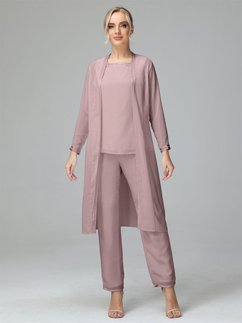 サーモンピンク花嫁の母親のためのパーティードレス スクエアネック 長袖 ツーピース ウェディングゲストドレス