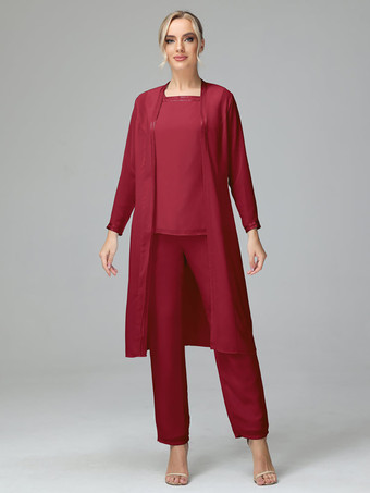 バーガンディー花嫁の母親のためのパーティードレス スクエアネック 長袖 ツーピース ウェディングゲストドレス