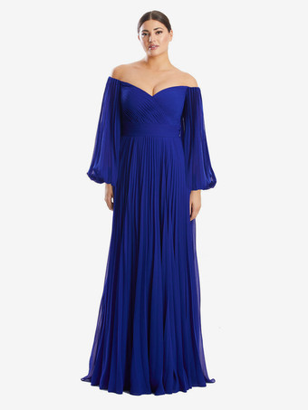ロイヤルブルーブライダルマザードレス バトーネック 長袖 Aライン プリーツ フロアレングス ゲストドレス 結婚式用