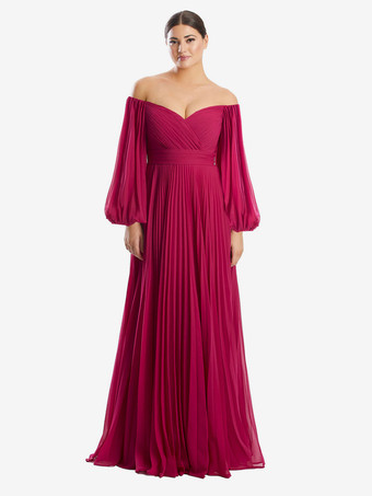 ローズレッドブライダルマザードレス バトーネック 長袖 Aライン プリーツ フロアレングス ゲストドレス 結婚式用