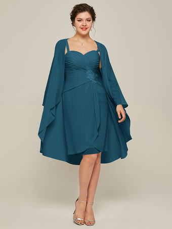 ティール花嫁の母親のためのパーティードレス スウィートハートネック 長袖 Aライン レース 膝丈 結婚式用ゲストドレス