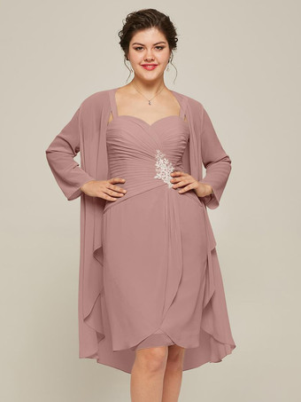 サーモンピンク花嫁の母親のためのパーティードレス スウィートハートネック 長袖 Aライン レース 膝丈 結婚式用ゲストドレス