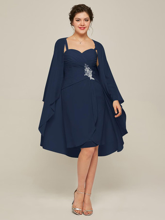 ダークネイビー花嫁の母親のためのパーティードレス スウィートハートネック 長袖 Aライン レース 膝丈 結婚式用ゲストドレス