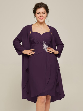 プラム花嫁の母親のためのパーティードレス スウィートハートネック 長袖 Aライン レース 膝丈 結婚式用ゲストドレス