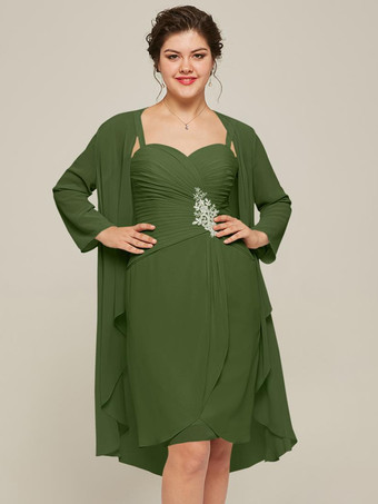 アーミーグリーン花嫁の母親のためのパーティードレス スウィートハートネック 長袖 Aライン レース 膝丈 結婚式用ゲストドレス