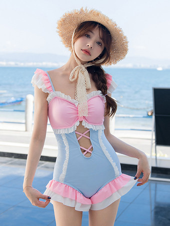 スイートロリータ衣装 ピンク フリル リボン カラーブロック ノースリーブ ジャンプスーツ