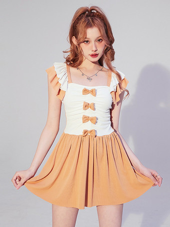 ロココ風ロリータ衣装 オレンジリボン フリル カラーブロック ノースリーブ ジャンプスーツ