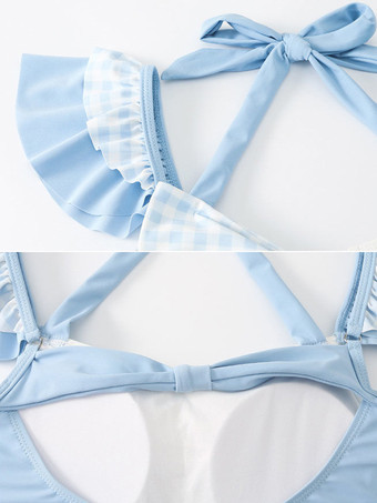 Abiti Lolita stile ROCOCO Tuta senza maniche scozzese con fiocchi celesti e volant