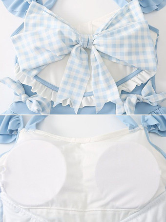 Abiti Lolita stile ROCOCO Tuta senza maniche scozzese con fiocchi celesti e volant