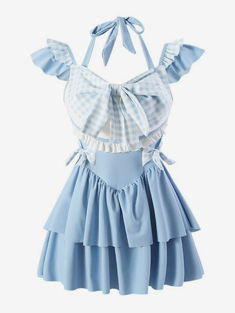 Abiti Lolita stile ROCOCO Tuta senza maniche scozzese con fiocchi celesti e volant