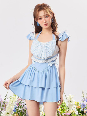 Abiti Lolita stile ROCOCO Tuta senza maniche scozzese con fiocchi celesti e volant
