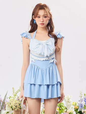 Abiti Lolita stile ROCOCO Tuta senza maniche scozzese con fiocchi celesti e volant