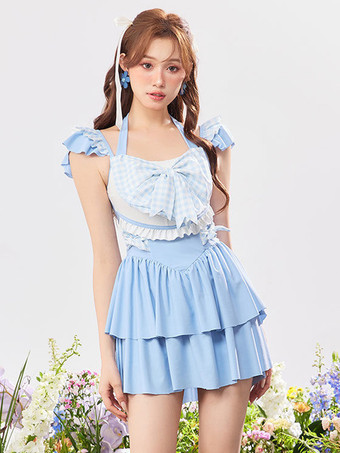CelesteAbiti Lolita stile ROCOCO Tuta senza maniche scozzese con fiocchi celesti e volant
