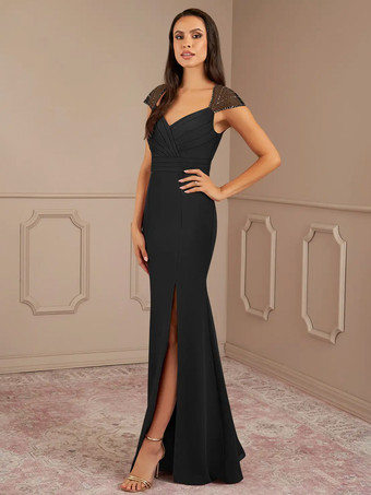 ブラックマザードレス Vネック 半袖 マーメイド プリーツ ウェディングゲストドレス