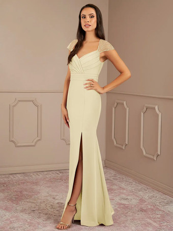 シャンパンマザードレス Vネック 半袖 マーメイド プリーツ ウェディングゲストドレス