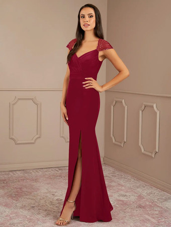 バーガンディーマザードレス Vネック 半袖 マーメイド プリーツ ウェディングゲストドレス
