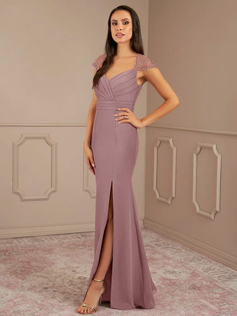 サーモンピンクマザードレス Vネック 半袖 マーメイド プリーツ ウェディングゲストドレス