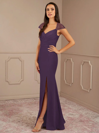 プラムマザードレス Vネック 半袖 マーメイド プリーツ ウェディングゲストドレス