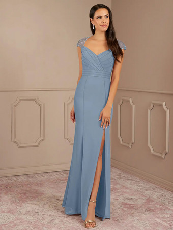 グレーブルーマザードレス Vネック 半袖 マーメイド プリーツ ウェディングゲストドレス