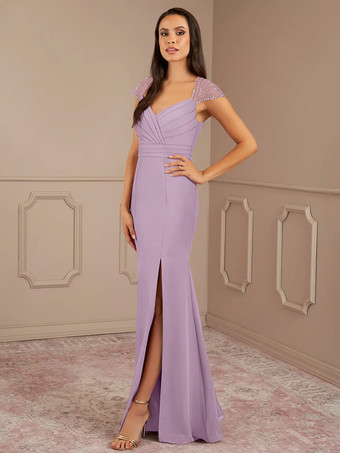 ライラックマザードレス Vネック 半袖 マーメイド プリーツ ウェディングゲストドレス
