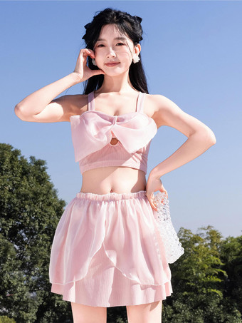 ピンクスイートロリータ衣装 黒のリボンとフリルのノースリーブスカートトップ