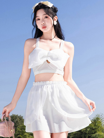 ホワイト スイートロリータ衣装 黒のリボンとフリルのノースリーブスカートトップ