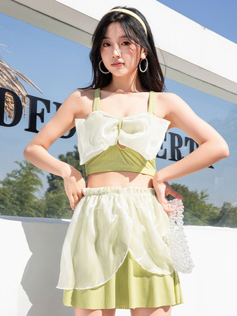 ライトグリーン スイートロリータ衣装 黒のリボンとフリルのノースリーブスカートトップ