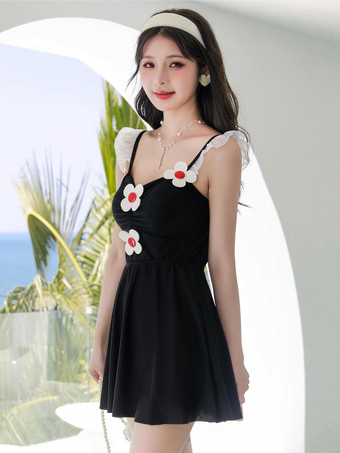 ブラック スイートロリータ衣装 ピンクの花 フリル ノースリーブ パンツドレス