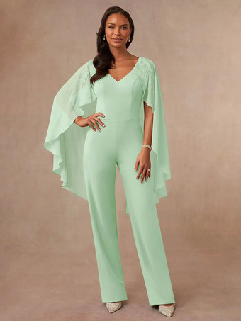 パステルグリーンマザードレス Vネック ノースリーブ ジャンプスーツ アップリケ フロアレングス ウェディングゲストドレス