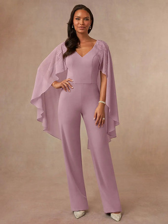 サーモンピンクマザードレス Vネック ノースリーブ ジャンプスーツ アップリケ フロアレングス ウェディングゲストドレス