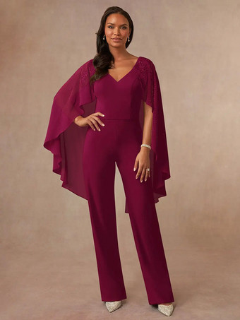 バーガンディーマザードレス Vネック ノースリーブ ジャンプスーツ アップリケ フロアレングス ウェディングゲストドレス
