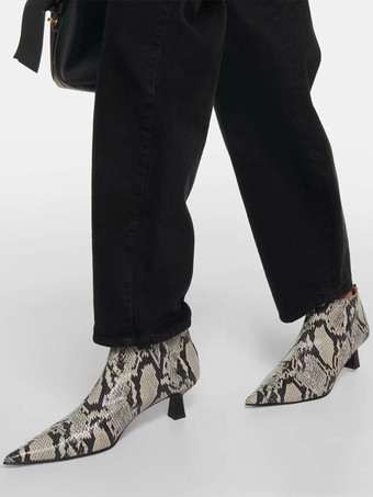 Kitten Heel Ankle Boots Snake Print Pointed Toe Zip Up Booties