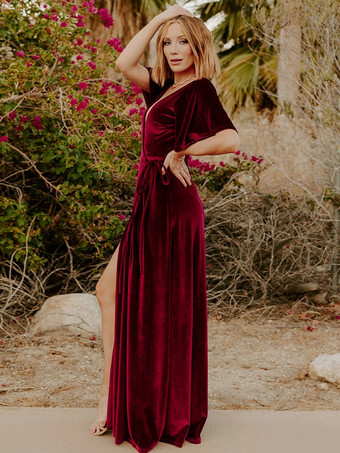 花嫁の母親のためのパーティードレス Vネック 半袖 Aライン フロントスリット フロア丈 結婚式用ゲストドレス