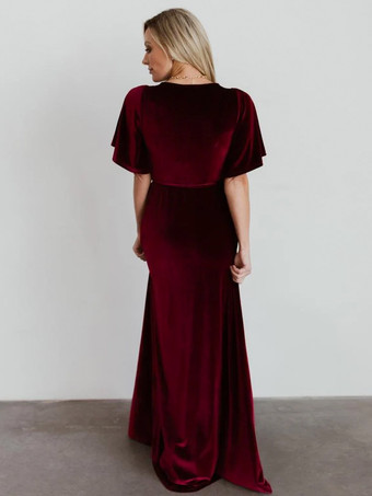 花嫁の母親のためのパーティードレス Vネック 半袖 Aライン フロントスリット フロア丈 結婚式用ゲストドレス