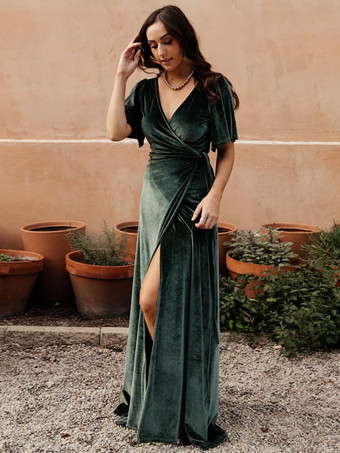 オリーブグリーン花嫁の母親のためのパーティードレス Vネック 半袖 Aライン フロントスリット フロア丈 結婚式用ゲストドレス