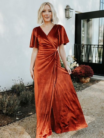 ブリックレッド花嫁の母親のためのパーティードレス Vネック 半袖 Aライン フロントスリット フロア丈 結婚式用ゲストドレス