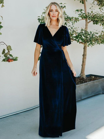 ダークネイビー花嫁の母親のためのパーティードレス Vネック 半袖 Aライン フロントスリット フロア丈 結婚式用ゲストドレス