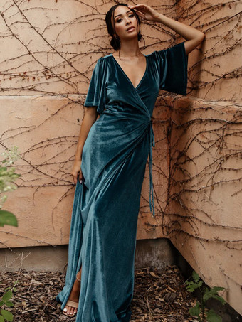 ティール花嫁の母親のためのパーティードレス Vネック 半袖 Aライン フロントスリット フロア丈 結婚式用ゲストドレス